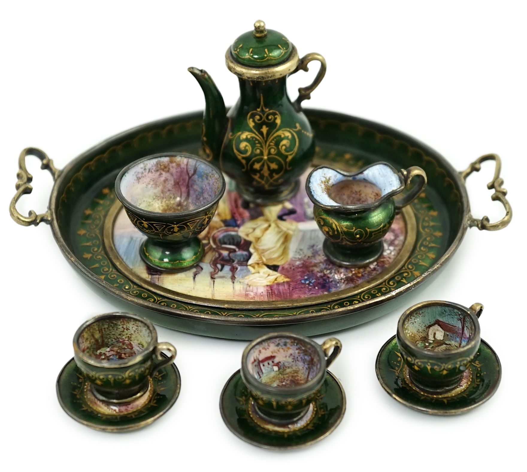 A cased late 19th century Viennese silver and polychrome enamelled miniature thirteen piece tea service, by Ludwig Politzer